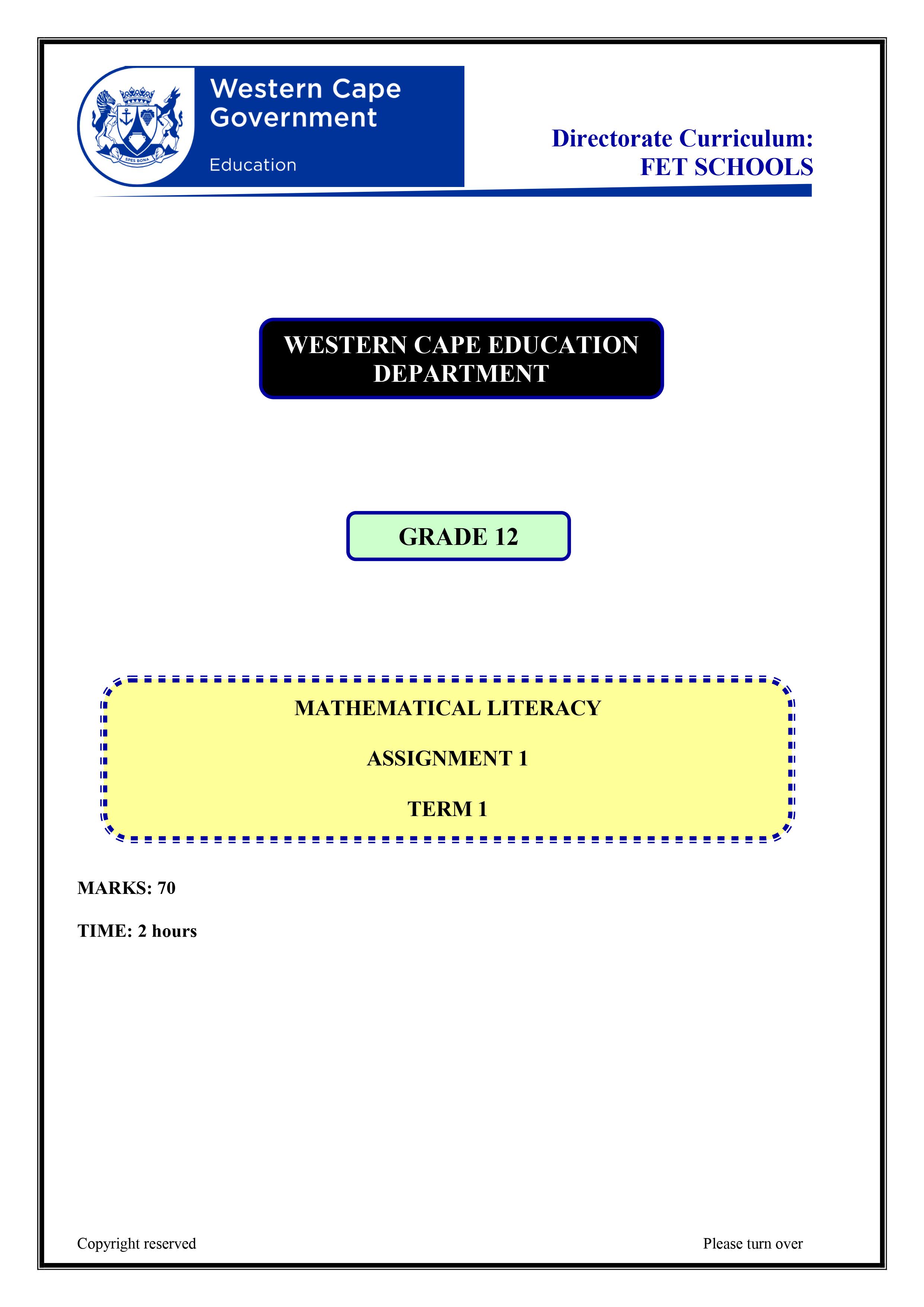 Question Paper Grade 12 Maths Literacy 2019