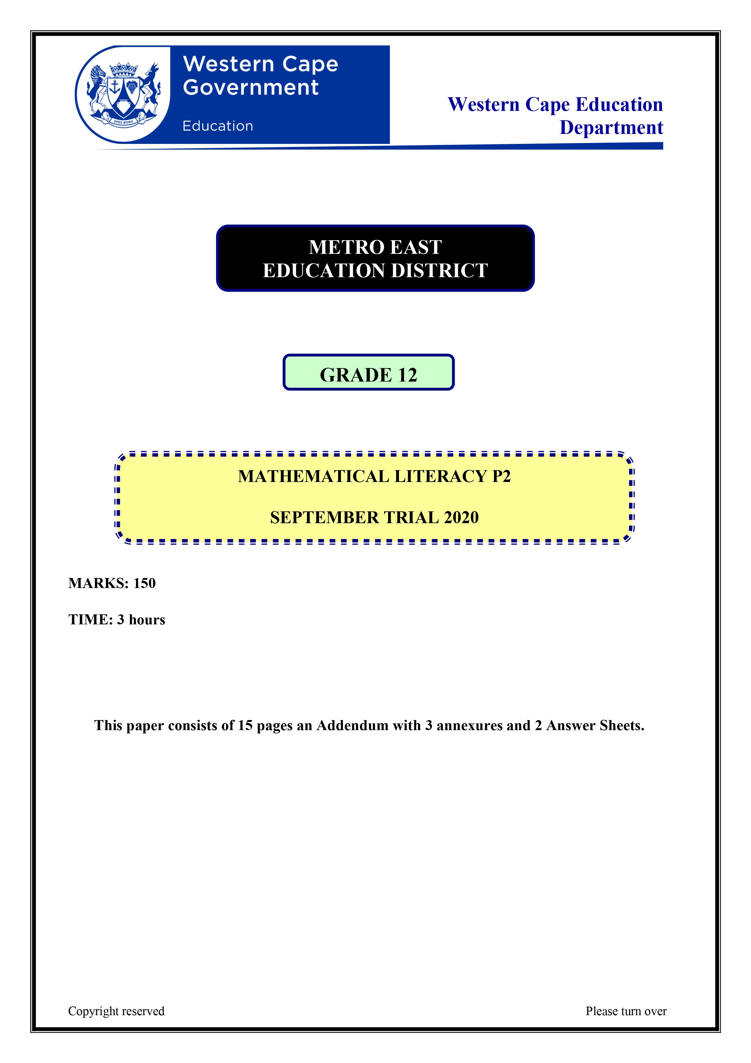 Gr 12 Mathematical Literacy P2 September Trial Common Paper 2019 Metro 