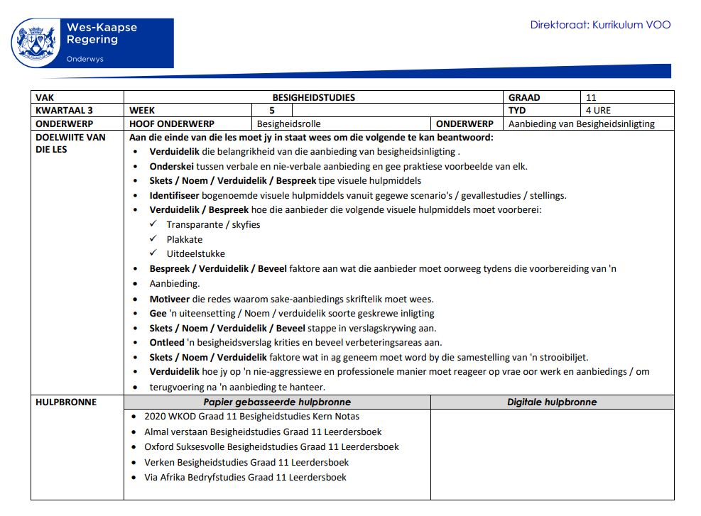 Gr 11 K3 W5 Besigheidstudies Les: Aanbieding van ...