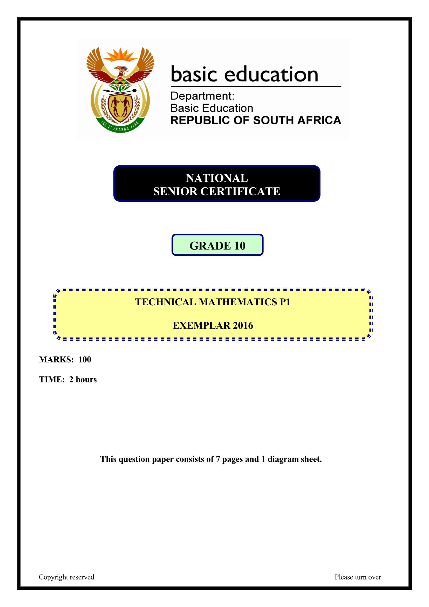 grade 3 papers 2016 exam WCED Grade 10   Exemplar Technical P1 ePortal Mathematics